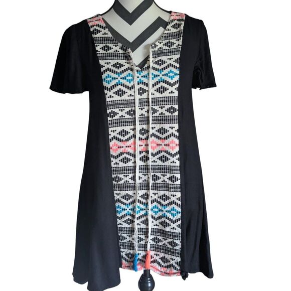 Judith March S Black Tunic Dress with Colorful Geometric Embroidered Panel - Picture 1 of 6